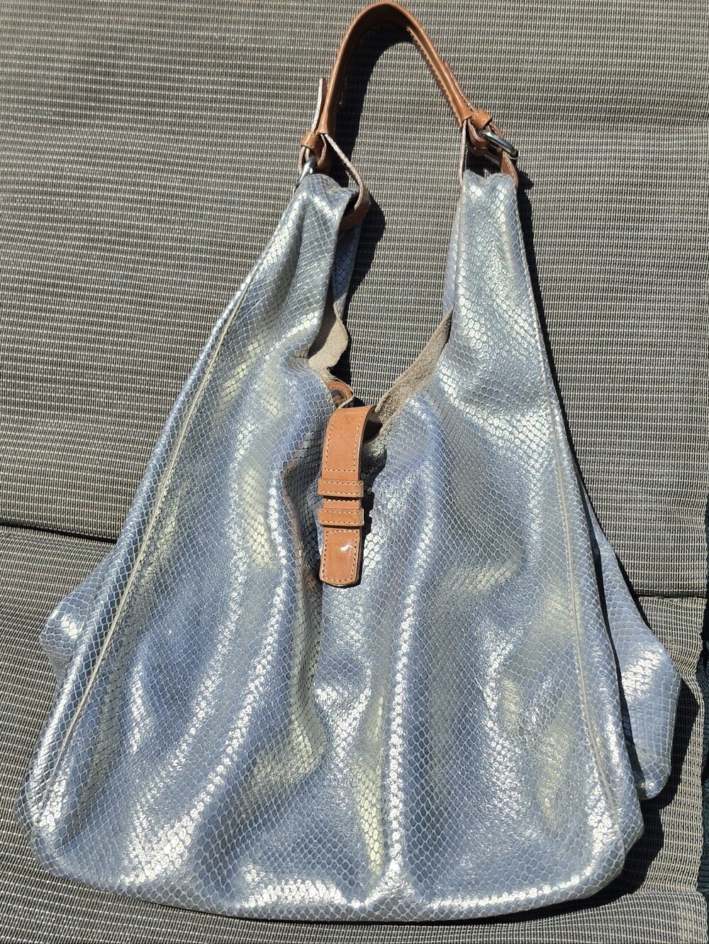 Prune Metallic Silver Leather Shoulder Tote Bag